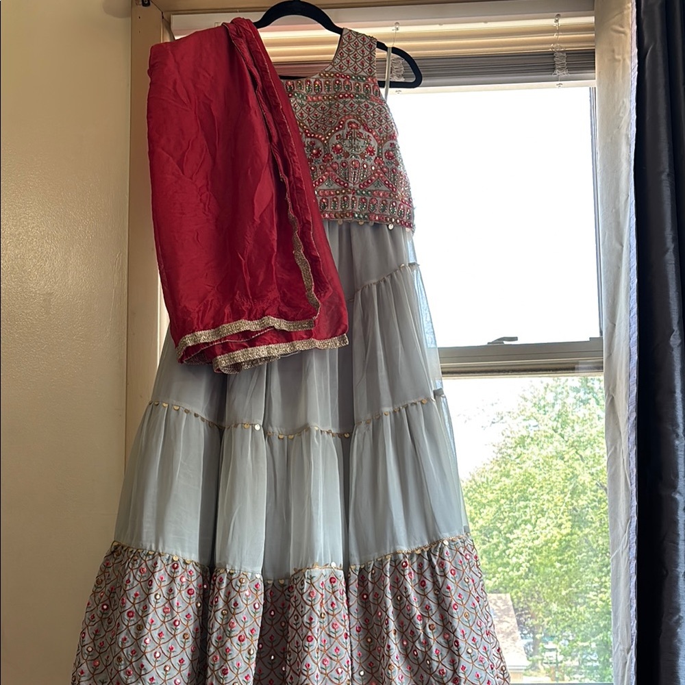 Red and Gray Embroidered Lehenga Set